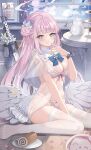  1girl absurdres angel_wings blue_archive bra breasts capelet feathered_wings flower hair_bun hair_flower hair_ornament halo highres jinmuxi_(user_pvha4443) large_breasts long_hair looking_at_viewer low_wings mika_(blue_archive) panties pink_hair pink_halo side_up_bun single_side_bun sitting skindentation solo thighhighs underwear very_long_hair white_bra white_capelet white_panties white_thighhighs white_wings wings yellow_eyes 