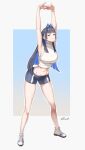  1girl absurdres arched_back armpits arms_up black_hair blue_eyes blue_hair blue_shorts blunt_bangs blunt_ends blush breasts cammy_stretch_(meme) center-flap_bangs closed_mouth colored_inner_hair dolphin_shorts ear_piercing full_body hair_intakes high_tops highres hime_cut hololive hololive_english hoop_piercing interlocked_fingers large_breasts leaning_forward long_hair looking_at_viewer meme midriff multicolored_hair navel official_alternate_costume official_alternate_hair_length official_alternate_hairstyle ouro_kronii ouro_kronii_(3rd_costume) piercing shirt shoes shorts sidelocks signature sleeveless sleeveless_turtleneck smile sneakers solo sportswear stretching toned turtleneck virtual_youtuber white_footwear white_shirt zenya 