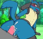 anal anal_penetration anthro balls balls_touching blue_body blush bodily_fluids butt cum cum_in_ass cum_inside duo fur generation_4_pokemon genital_fluids genitals hi_res jhussethy looking_pleasured lucario male male/male nintendo on_bottom on_top penetration penis pokemon pokemon_(species) reverse_cowgirl_position sex tail