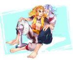  2boys alternate_costume barefoot blonde_hair blue_pants brown_shirt closed_eyes feet folding_fan forked_eyebrows grey_hair hand_fan highres hug hug_from_behind kimetsu_no_yaiba kina_izu long_hair male_focus multicolored_hair multiple_boys open_mouth pants red_hair rengoku_kyoujurou shirt smile t-shirt toes two-tone_hair uzui_tengen white_hair white_shirt yaoi 