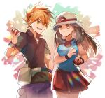  1boy 1girl black_wristband blue_oak bucket_hat closed_mouth cowboy_shot hat holding holding_poke_ball jewelry kash-phia leaf_(pokemon) necklace open_mouth poke_ball poke_ball_(basic) pokemon pokemon_frlg red_skirt simple_background skirt spiked_hair white_background 