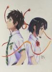  1boy 1girl absurdres artist_name back-to-back black_hair bow bowtie closed_mouth collared_shirt colored_pencil_(medium) commentary_request cropped_torso dated dress_shirt english_commentary green_necktie highres kimi_no_na_wa. making-of_available mixed-language_commentary miyamizu_mitsuha necktie p.art red_bow red_bowtie school_uniform shirt short_hair short_sleeves simple_background string string_of_fate striped_necktie tachibana_taki traditional_media upper_body 