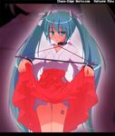  aqua_hair bdsm bondage bound bound_wrists collar cuffs cuffs-to-collar etogami_kazuya hakama hatsune_miku japanese_clothes long_hair miko red_hakama skirt skirt_lift solo spreader_bar tears twintails very_long_hair vocaloid 