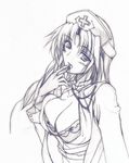  bangs bra breasts cleavage finger_to_mouth gisyo greyscale hat head_tilt labcoat large_breasts lingerie long_hair looking_at_viewer lowres monochrome nurse_cap open_clothes open_mouth open_shirt parted_bangs shirt simple_background sketch solo stethoscope straight_hair touhou underwear upper_body white_background yagokoro_eirin 