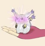  angewomon cat digimon digimon_(creature) fat_pikachu_(meme) fingerless_gloves full_body gloves highres holding_digimon mas_square meme mini_person pink_gloves simple_background standing tail tail_ornament tail_ring tailmon 