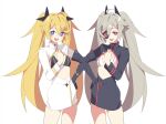  2girls absurdres blonde_hair blue_eyes clear_(djmax) djmax eyepatch fail_(djmax) flat_chest grey_hair hair_ornament highres long_hair mamo_c multiple_girls non-web_source red_eyes smile standing twintails 