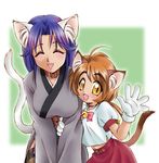  :d animal_ears blue_hair brown_hair cat_ears cat_tail collar copyright_request ebifly gloves leaning_forward multiple_girls open_mouth smile tail 