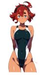  1girl absurdres ahoge aqua_eyes arms_behind_back batta_16-sei black_hairband black_one-piece_swimsuit breasts cameltoe commentary_request competition_swimsuit covered_navel covered_nipples cowboy_shot gundam gundam_suisei_no_majo hair_between_eyes hairband highleg highleg_swimsuit highres medium_breasts one-piece_swimsuit red_hair short_hair simple_background solo standing suletta_mercury swept_bangs swimsuit thick_eyebrows two-tone_swimsuit white_background 