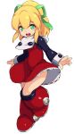  1girl :d black_shirt blonde_hair blush boots commentary_request dress full_body green_eyes green_ribbon hair_between_eyes hair_ribbon karukan_(monjya) knee_boots long_sleeves looking_at_viewer mega_man_(classic) mega_man_(series) ponytail red_dress red_footwear ribbon roll_(mega_man) shirt simple_background smile solo white_background 