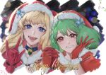  2girls \m/ absurdres bell blonde_hair blunt_bangs blush braid choker christmas commentary_request earrings fur-trimmed_gloves fur-trimmed_headwear fur_trim gloves green_eyes hands_up hat heart highres holding_hands interlocked_fingers jewelry kabu_(kaopako_) light_blush long_hair looking_at_viewer macross macross_frontier medium_hair merry_christmas multiple_girls neck_bell open_mouth parted_lips pom_pom_(clothes) portrait ranka_lee red_eyes red_gloves red_headwear santa_costume santa_hat sheryl_nome signature single_earring smile snowflake_hat_ornament upper_body 