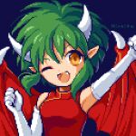  1girl arm_up armpits blue_background brown_eyes clenched_hand draco_centauros dragon_girl dragon_wings dress elbow_gloves fangs gloves hiroita horns lowres madou_monogatari one_eye_closed open_mouth pixel_art pointy_ears puyopuyo red_dress red_wings signature solo upper_body white_gloves white_horns wings 