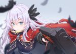  1girl absurdres aiming aiming_at_viewer black_feathers blue_eyes cape fate/grand_order fate_(series) feather_hair_ornament feathers fingerless_gloves fingernails gloves grey_hair gun hair_ornament highres holding holding_gun holding_weapon long_hair lucky_ckm red_cape saika_magoichi_(fate) weapon 