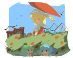  3girls angry bat_(animal) blonde_hair blue_bow blue_hair blue_sky bow bush cirno daiyousei expressionless finger_to_mouth flandre_scarlet green_hair hair_bow hat hiding holding holding_umbrella looking_at_another looking_down mob_cap multiple_girls no_lineart one_side_up outdoors parasol puffy_short_sleeves puffy_sleeves red_eyes red_vest scarlet_devil_mansion shirt short_hair short_sleeves shushing sky sparkle71059204 touhou umbrella under_umbrella vest white_shirt wings worried yellow_bow 