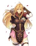  1girl arrow_(projectile) artist_name blonde_hair blue_eyes brown_gloves clarisse_(fire_emblem) closed_mouth commentary commission english_commentary fingerless_gloves fire_emblem fire_emblem:_new_mystery_of_the_emblem gloves lips long_hair looking_at_viewer meziosaur parted_bangs petals pink_lips pink_skirt puffy_short_sleeves puffy_sleeves quiver short_sleeves simple_background skirt solo thighhighs white_background white_thighhighs 