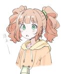  1girl :o coin_purse dot_nose drawstring green_eyes green_scrunchie highres hood hoodie idolmaster idolmaster_(classic) light_blush long_hair looking_at_viewer meeeeeeco359 orange_hair orange_hoodie scrunchie sidelocks solo translation_request twintails upper_body wavy_hair white_background yellow_hood 