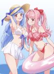  2girls alternate_costume bikini bikini_skirt blue_background blue_bow blue_hair blush bow breasts closed_mouth collarbone commentary feet_out_of_frame front-tie_bikini_top front-tie_top hair_bow hand_on_headwear hand_up hat hat_bow highres holding holding_innertube innertube kotonoha_akane kotonoha_aoi large_breasts long_hair looking_at_viewer low-tied_sidelocks moya_(toatomoot) multiple_girls o-ring o-ring_bikini open_mouth pink_bikini plaid plaid_bikini ponytail red_bow red_eyes siblings side-by-side sidelocks sisters smile standing stomach straw_hat sun_hat swimsuit voiceroid white_bikini 