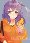  1girl ao_no_kiseki artist_name bow-shaped_hair bubble_tea commission cup disposable_cup double-parted_bangs drinking drinking_straw drinking_straw_in_mouth eiyuu_densetsu english_commentary goldenluckex hair_between_eyes hood hoodie jacket looking_at_viewer portrait purple_eyes purple_hair rixia_mao solo upper_body watermark zero_no_kiseki 
