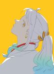 1girl ahoge blue_hair close-up earrings from_behind green_hair hair_ornament horns japanese_clothes jewelry kimono looking_at_viewer multicolored_hair one_piece ponytail raine_(acke2445) red_horns sidelocks simple_background solo white_hair white_kimono yamato_(one_piece) yellow_background yellow_eyes 