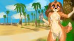 absurd_res anthro beach breasts canid canine canis cellphone cockapoo domestic_dog electronics female genitals hi_res looking_at_viewer los_santos mammal mixed_breed mobywidebody nipples palm_tree paw_patrol phone pink_eyes plant pussy sand seaside skye_(paw_patrol) smartphone smile solo tree yellow_body