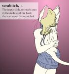 2022 anthro blonde_hair clothing cybercorn_entropic cynthia_boggs definition english_text female fur hair mammal meme meme_clothing mouse murid murine pink_background rodent scratching_back scratching_self simple_background sniglets solo sweater text topwear virgin_killer_sweater whiskers white_body white_fur