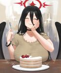  1girl black_choker black_hair black_wings blue_archive blush breasts cake choker closed_mouth feathered_wings food halo hand_on_own_cheek hand_on_own_face hasumi_(blue_archive) highres holding holding_spoon large_breasts long_hair mole mole_under_eye nhaliz red_halo shirt short_sleeves smile solo spoon very_long_hair wings yellow_shirt 