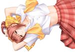  blush lying midriff partner pink_eyes pink_hair ponytail sangami_erika school_uniform solo tanaka_takayuki 