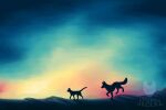 2020 ambiguous_gender artist_logo canid canine colorful digital_media_(artwork) digital_painting_(artwork) digitigrade domestic_cat duo felid feline felis feral hi_res logo maligaytor mammal prick_ears raised_tail silhouette sky snout sunset tail walking watermark