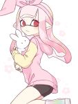  1girl animal_ears ass bike_shorts closed_mouth commentary eyelashes fake_animal_ears hairband holding holding_stuffed_toy inkling inkling_girl inuowour kneeling long_hair looking_back pink_hairband pink_sweater pointy_ears rabbit_ears red_eyes shoes simple_background solo splatoon_(series) splatoon_3 stuffed_animal stuffed_rabbit stuffed_toy sweater white_background 