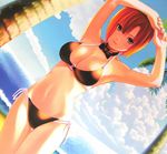  armpits arms_up bare_shoulders beach bikini black_bikini bow bowtie breasts cleavage contrapposto day dutch_angle fingernails green_eyes koutaro large_breasts long_fingernails nail_polish navel o-ring o-ring_top red_hair rio_rollins scan short_hair side-tie_bikini smile solo standing super_blackjack swimsuit 