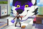 absurd_res anthro canid canine duo felid feline fox hi_res macro male mall mammal micro ravenwolford shopping surprise