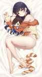  1girl @_@ absurdres ass bare_legs barefoot bed_sheet black_hair boku_no_kokoro_no_yabai_yatsu character_doll highres hugging_doll hugging_object ichikawa_kyoutarou jacket jacket_partially_removed long_hair looking_at_viewer looking_to_the_side lying mole mole_on_neck neps-l no_pants on_side panties socks solo striped_clothes striped_socks toes underwear unworn_socks very_long_hair white_panties yamada_anna 