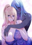  2girls absurdres back_cover backlighting black_nails black_sports_bra blonde_hair blue_eyes blue_hair blue_lips blue_negligee breasts colored_skin cover dark-skinned_female dark_samus dark_skin fingernails grey_skin hair_between_eyes highres hug hug_from_behind large_breasts looking_at_viewer metroid mole mole_on_breast mole_under_mouth multiple_girls multiple_moles negligee one_eye_covered ponytail samus_aran selfcest sports_bra strap_slip xuuikie_ashe yuri 