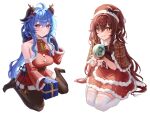  2girls ahoge alternate_costume bare_shoulders bell belt black_pantyhose blue_gloves blue_hair blush bow breasts brown_bow brown_hair christmas_ornaments christmas_present deer_hood detached_sleeves dress fake_horns flower-shaped_pupils full_body ganyu_(genshin_impact) genshin_impact gift gloves goat_horns grin hair_between_eyes hat hat_bow horns hu_tao_(genshin_impact) kneeling long_hair looking_at_viewer medium_breasts multiple_girls neck_bell no_shoes pantyhose parted_lips purple_eyes red_dress red_eyes red_sleeves santa_costume santa_hat sicle sidelocks simple_background sitting smile striped_capelet symbol-shaped_pupils tassel thighhighs thighlet vision_(genshin_impact) wariza white_background white_thighhighs 