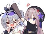  &gt;_&lt; 2girls anger_vein baseball_bat beret black_shirt blue_bow bonk bow cellphone chibi closed_eyes closed_mouth detached_sleeves double-parted_bangs dropping earrings english_commentary eyelashes eyewear_on_head flower grey_hair hair_bow hat hat_flower herta_(honkai:_star_rail) hitting holding holding_baseball_bat honkai:_star_rail honkai_(series) jewelry jitome long_hair multiple_girls open_mouth over-rim_eyewear phone polka_dot polka_dot_bow ponytail purple_eyes purple_flower purple_hair ringeko-chan semi-rimless_eyewear shirt short_sleeves silver_wolf_(honkai:_star_rail) single-shoulder_shirt single_sleeve smartphone sunglasses white_background white_shirt 