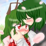  akasode_(tyaramu) blush caress green_hair hug kazami_yuuka lowres multiple_girls red_eyes tears touhou wriggle_nightbug yuri 