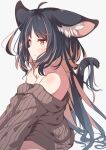  1girl ahoge animal_ear_fluff animal_ears bare_shoulders black_hair brown_eyes brown_hair brown_sweater cat_ears cat_girl cat_tail commentary_request daidai_ookami grey_background highres long_hair multicolored_hair off-shoulder_sweater off_shoulder original ribbed_sweater simple_background sitting solo sweater tail two-tone_hair very_long_hair 