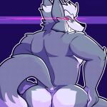anthro butt canid canine canis digital_media_(artwork) fizzyjay fur grey_body grey_fur hi_res looking_at_viewer male mammal muscular muscular_male nintendo nude simple_background solo star_fox tail wolf wolf_o&#039;donnell
