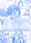  ! 4girls :d ^_^ ai-chan&#039;s_mother_(tawawa) ai-chan&#039;s_sister_(tawawa) ai-chan_(tawawa) blue_theme blush_stickers braid breast_press breasts closed_eyes collarbone collared_shirt commentary_request getsuyoubi_no_tawawa highres himura_kiseki holding holding_megaphone large_breasts long_hair megaphone monochrome multiple_girls necktie open_clothes open_mouth open_shirt shirt short_hair smile spoken_exclamation_mark sweater_vest translation_request trembling volley-bu-chan_(tawawa) 