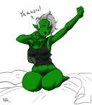 2016 alien alien_humanoid big_breasts breasts clothed clothing darkeros eyebrows eyes_closed female fingers green_body green_skin hair hi_res humanoid humanoid_pointy_ears kneeling long_hair lord_dominator noseless not_furry open_mouth panties signature solo thick_thighs topwear underwear wander_over_yonder
