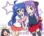  casual food hiiragi_kagami holding_hands ixy izumi_konata lucky_star mole mole_under_eye multiple_girls pocky purple_hair tamura_hiyori 