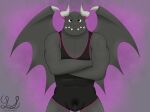 anthro bodily_fluids bulge crossed_arms dark_aura dragaux dragon excited eyebrows genital_fluids hi_res horn male nintendo precum ring_fit_adventure solo sportswear teeth thick_eyebrows wings yose_stones