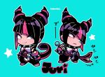  1girl black_hair blue_background blue_eyes candy character_name chibi closed_mouth collar diagonal_bangs fingerless_gloves food gloves hair_horns han_juri heterochromia holding holding_candy holding_food holding_lollipop kotorai lollipop multicolored_hair multiple_views no_nose outline short_hair simple_background spiked_collar spikes star_(symbol) streaked_hair street_fighter translation_request unamused white_outline 