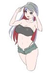  1girl alternate_costume bikini black_bikini blue_hair colored_inner_hair cropped_legs cutoffs grey_shorts kantai_collection long_hair multicolored_hair red_hair short_shorts shorts simple_background solo south_dakota_(kancolle) standing star_(symbol) strapless strapless_bikini swimsuit tamu_(mad_works) visor_cap white_background 