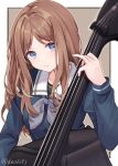  1girl absurdres bang_dream! bang_dream!_it&#039;s_mygo!!!!! blue_eyes brown_hair dechi double_bass highres instrument long_hair long_sleeves looking_at_viewer nagasaki_soyo playing_bass school_uniform tsukinomori_school_uniform 