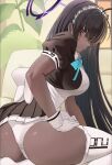  1girl absurdres ahoge apron ass black_dress black_hair blue_archive blue_bow blush bow breasts cafenami closed_mouth dark-skinned_female dark_skin dress from_behind hair_between_eyes halo hand_on_own_thigh highres karin_(blue_archive) large_breasts long_hair looking_at_viewer looking_back maid_headdress panties purple_halo seiza sitting solo thighhighs thighs underwear very_long_hair white_apron white_panties white_thighhighs yellow_eyes 