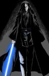  1boy anakin_skywalker black_cloak black_robe blue_lightsaber cloak darth_vader energy_sword highres holding_lightsaber hood lightsaber partially_shaded_face robe shirasup sith solo star_wars sword walking weapon yellow_eyes 