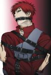  1boy armor bdsm belt collar facial_mark gaara_(naruto) gagged hands_up highres jacket long_sleeves male_focus multiple_belts naruto_(series) naruto_shippuuden o-ring red_background red_hair red_jacket red_theme restrained short_hair solo umkaqryi upper_body 