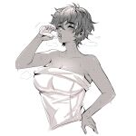  1girl bare_shoulders bon_(vtuber) bottle breasts cleavage closed_eyes collarbone dark-skinned_female dark_skin drinking earrings greyscale highres holding holding_bottle indie_virtual_youtuber jewelry large_breasts milk_bottle monochrome motion_lines naked_towel second-party_source short_hair solo steam sweat towel upper_body xenvita 