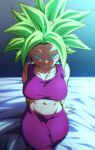  blush breasts closed_mouth crossed_legs dragon_ball dragon_ball_super earrings jewelry kefla_(dragon_ball) looking_at_viewer potara_earrings rom_(20) sitting smile 