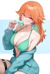  1girl absurdres aqua_bikini bikini blue_background blue_jacket bluefield breasts collarbone commentary eating fingernails food gradient_hair green_bikini green_hair highres holding holding_food holding_popsicle hololive hololive_english jacket large_breasts long_sleeves looking_at_viewer multicolored_hair official_alternate_costume orange_hair popsicle purple_eyes sitting solo striped_bikini striped_clothes swimsuit takanashi_kiara takanashi_kiara_(casual) thigh_strap thighs two-tone_background vertical-striped_bikini vertical-striped_clothes virtual_youtuber white_background 